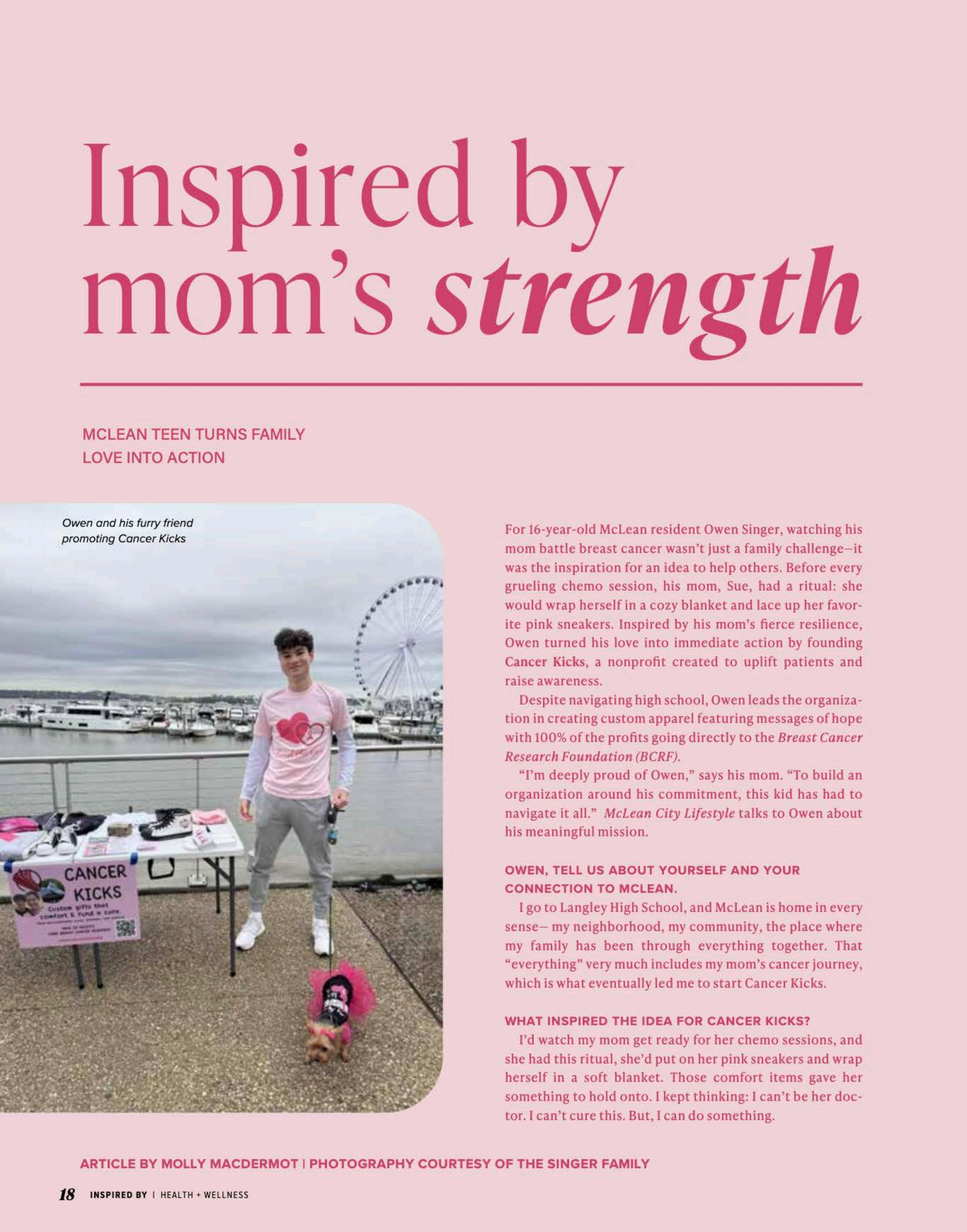 "Inspired by mom's strength" – McLean City Lifestyle magazine (August 2026) features Owen's story of turning family love into action through Cancer Kicks.