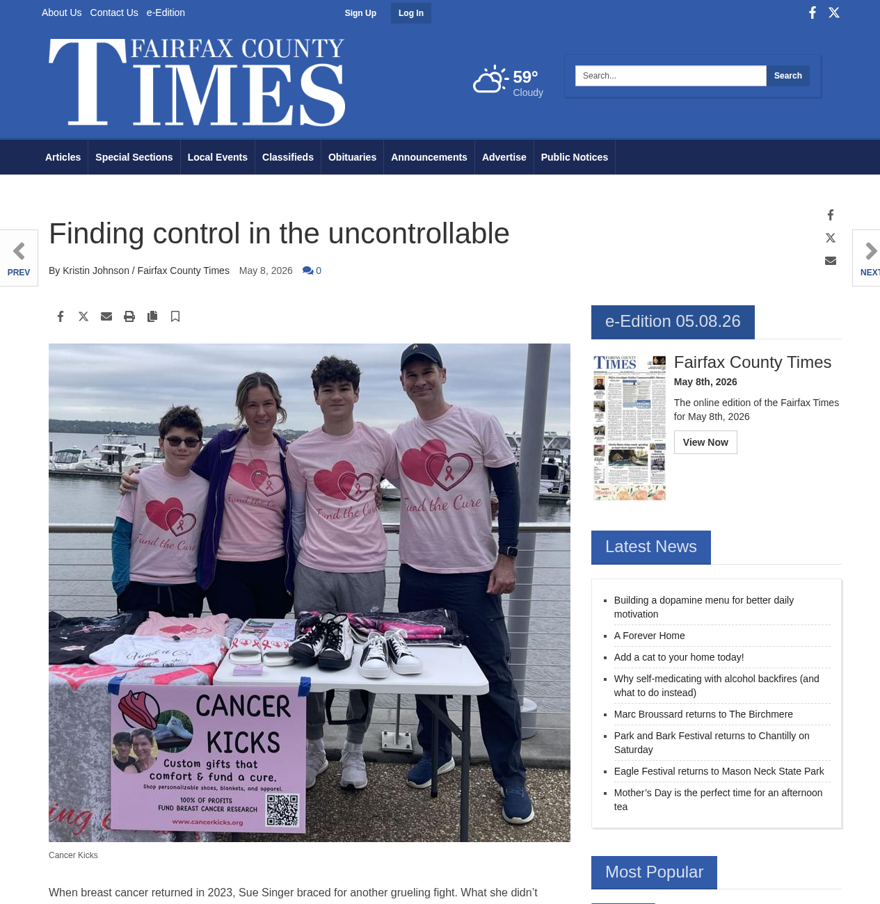 "Finding control in the uncontrollable" – Fairfax Times featured Owen's story of launching Cancer Kicks and turning his mother's cancer journey into community impact.